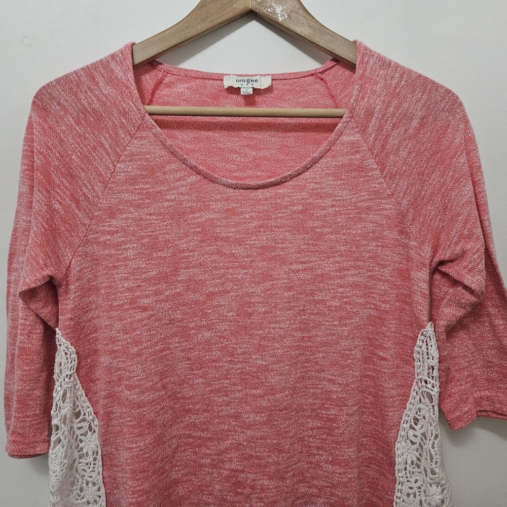 UMGEE Women's Pink Lightweight Top Crochet Sides Round Neck 3/4 Sleeves Size S